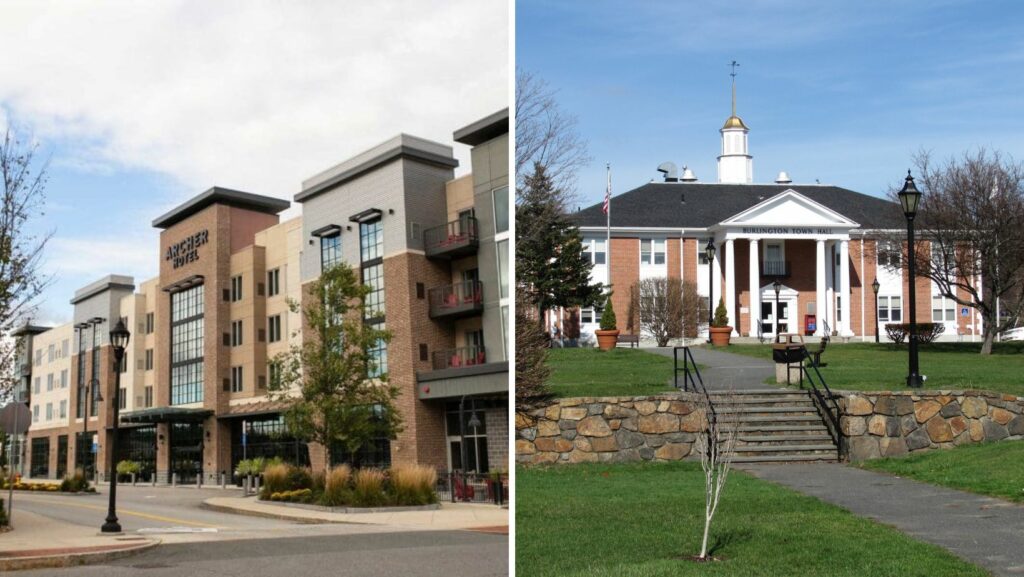 Downtown Burlington MA with town hall and modern commercial buildings featuring flat roofing
