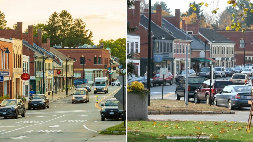 Downtown Concord MA with historic commercial buildings featuring flat roofing