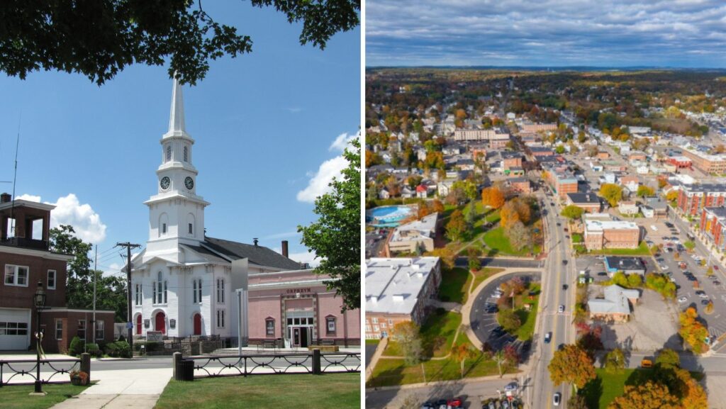 Downtown Foxborough MA with historic architecture and commercial properties featuring flat roofing