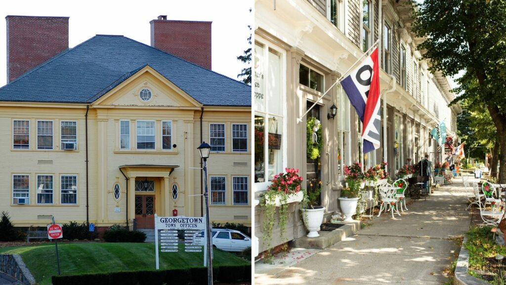 Downtown Georgetown MA with historic town buildings and commercial properties featuring flat roofing