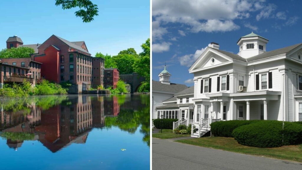 Historic and community buildings in Medway MA with nearby properties featuring flat roofing