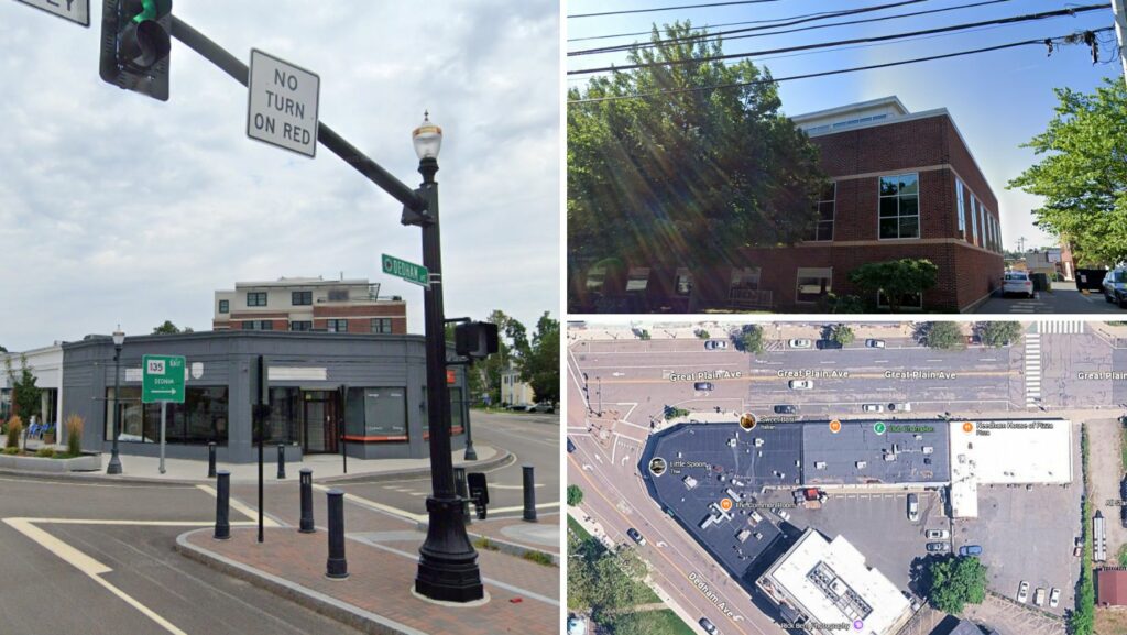 Needham MA business district with flat roofing on commercial properties