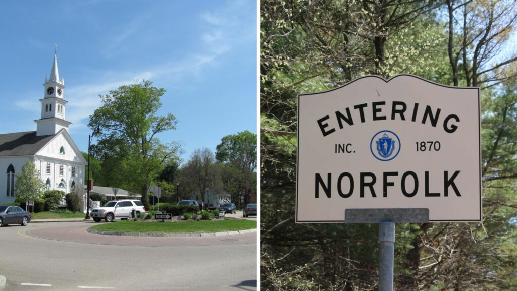 Downtown Norfolk MA with historic church and community buildings featuring flat roofing