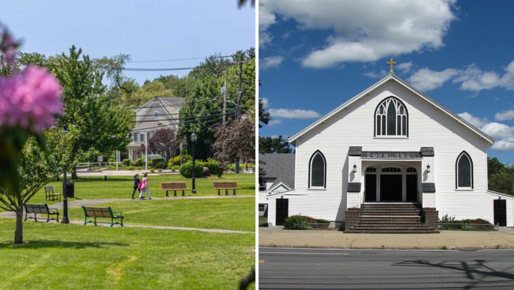 Pinehurst MA neighborhood with historic church and residential properties featuring flat roofing