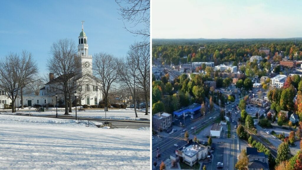 Downtown Reading MA with historic town buildings and commercial properties featuring flat roofing