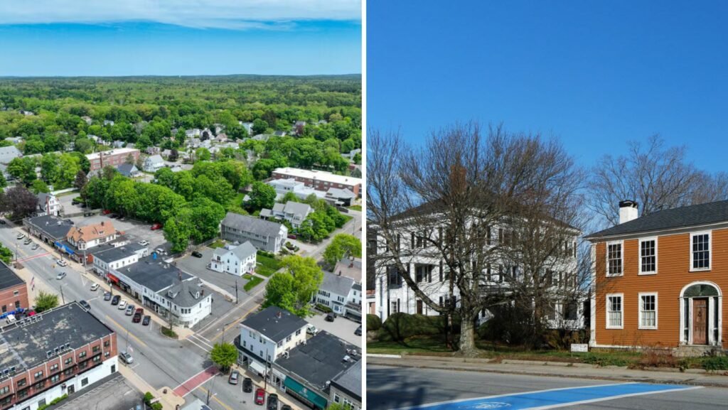 Downtown Rockland MA with historic homes and commercial properties featuring flat roofing