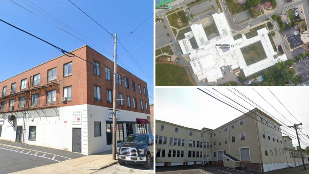 Residential and educational properties in Rockland showcasing durable flat roofing systems