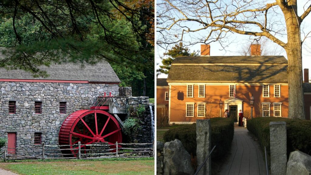 Historic buildings and community landmarks in Sudbury MA with nearby properties featuring flat roofing