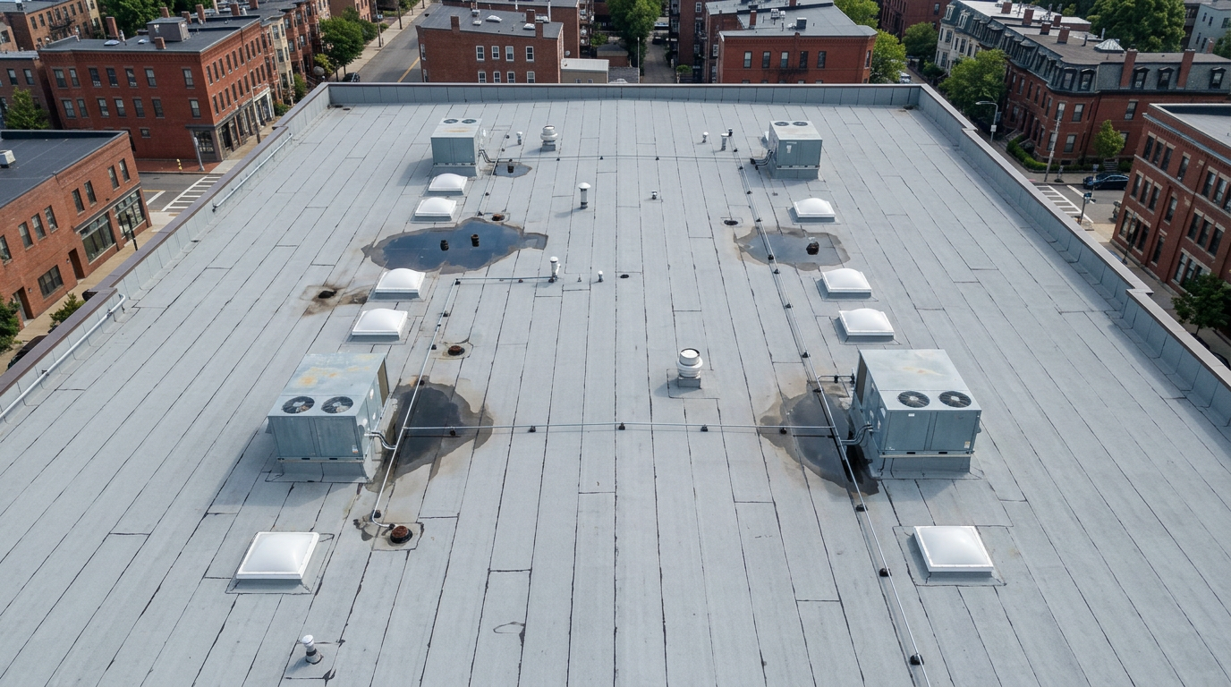 Aerial flat roof inspection and roof documentation
