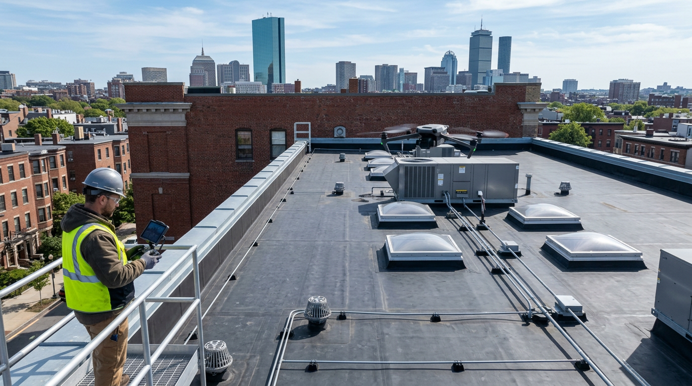 Aerial flat roof inspection with drone imaging