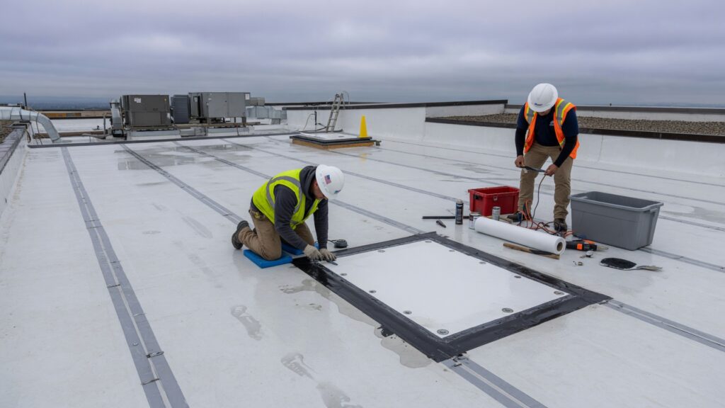 Emergency flat roof repair crew working on a commercial membrane roof