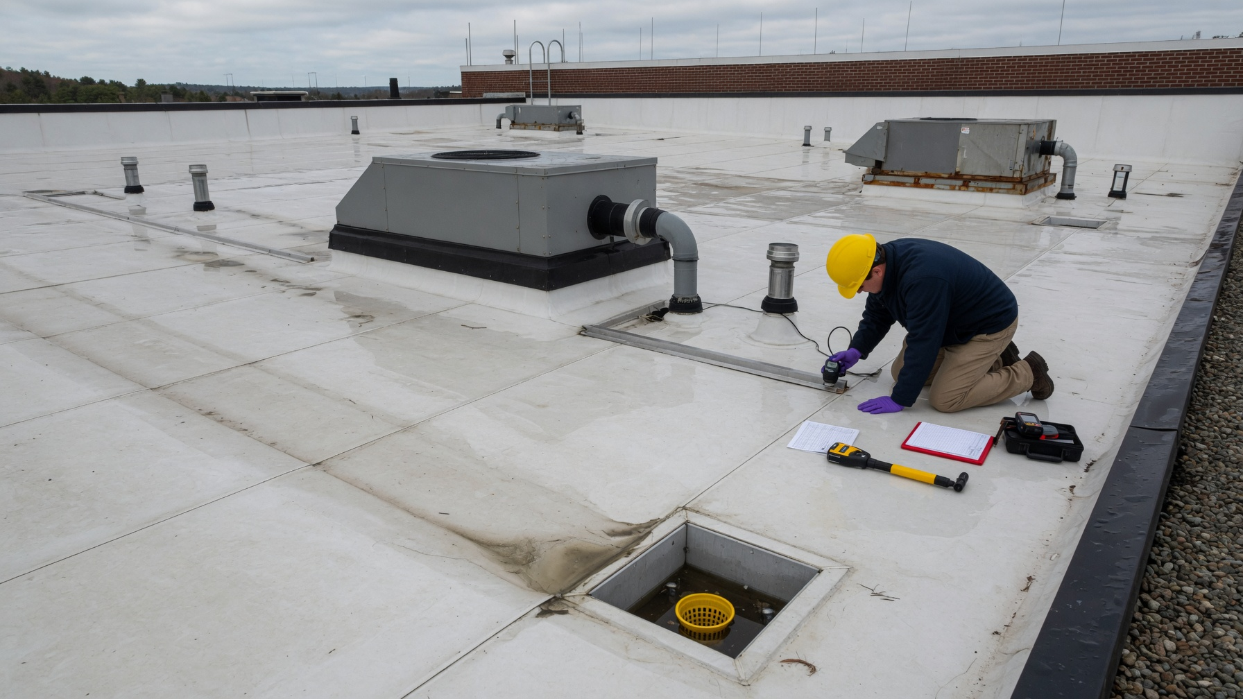 Roofing technician performing leak detection on a commercial flat roof