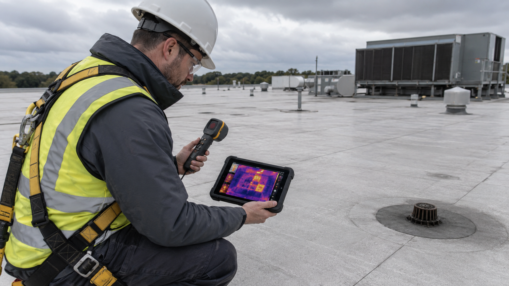 Roof inspector reviewing thermal imaging results on a commercial flat roof