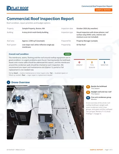 Sample commercial roof inspection report, page 1 of 3